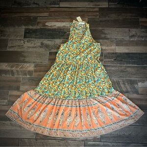 For Love Bell tiers and ruffles yellow orange teal floral maxi dress M